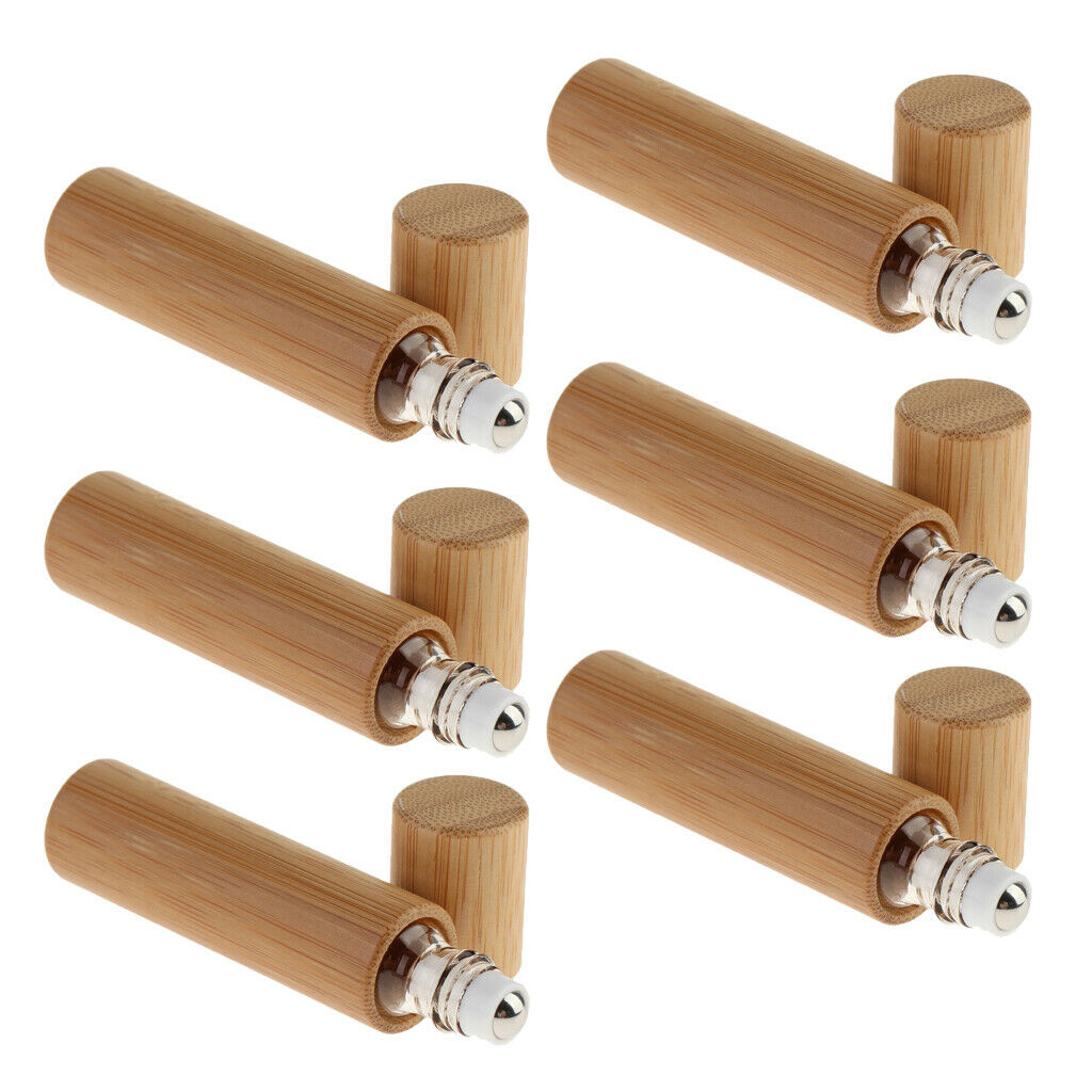 6X Mini Bamboo Refillable Empty Essential Oil Makeup Bottles Roller Ball