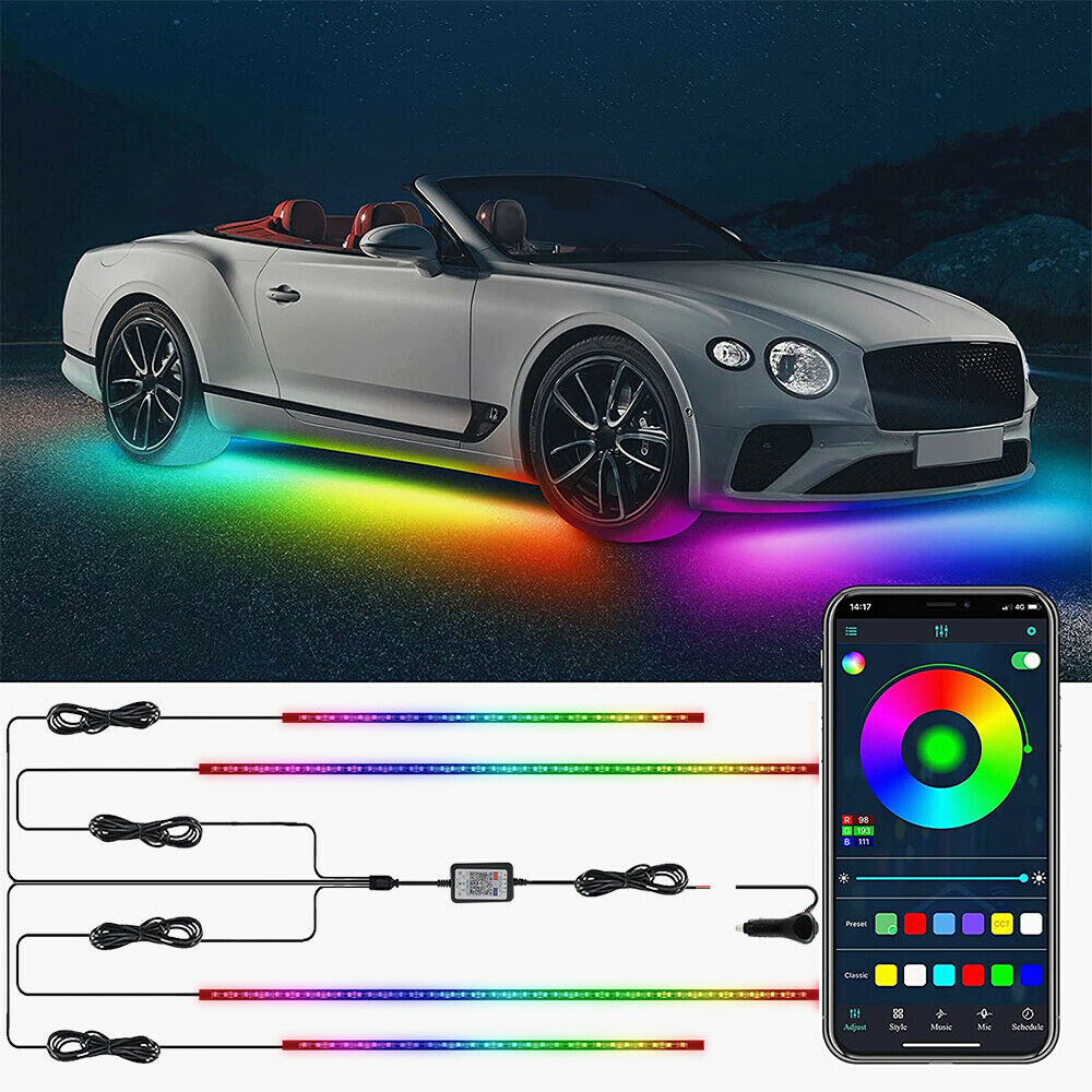4pcs RGB Dream Color Underglow LED Kit Car Neon Strip Light Music APP Control