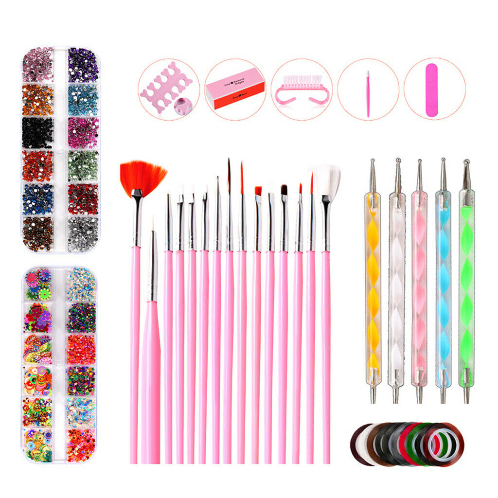 10x Manicure Crystals Flatback Charms Paint Brushes Pointing Tools