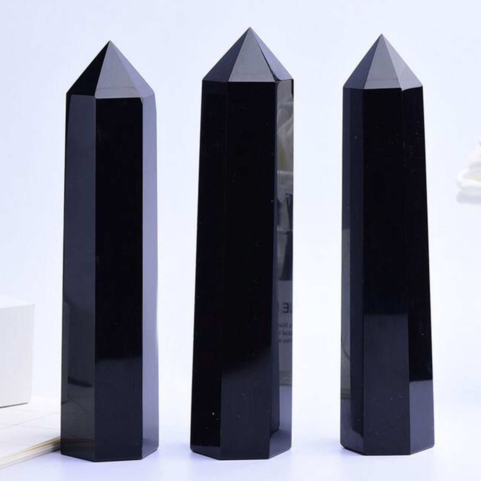 Natural Obsidian Black Quartz Crystal Stone Healing Point Hexagonal Wand