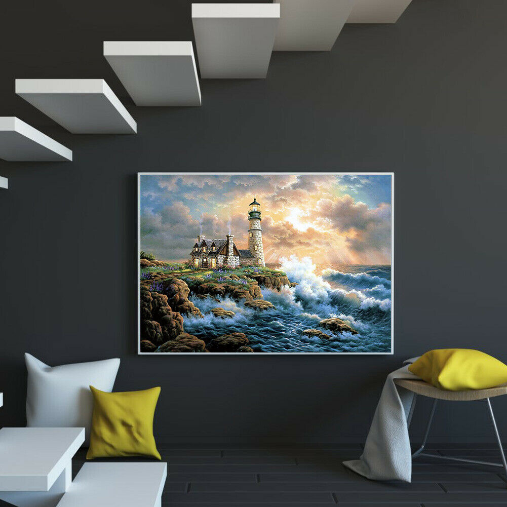 5D DIY Full Drill Diamond Painting Beach Lighthouse Rhinestone Pictures Kit @