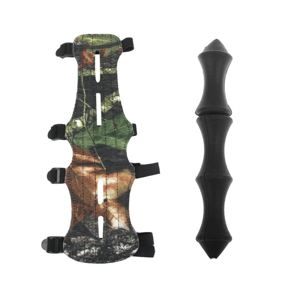 Adjustable Leather Archery Arm Guard Camo 4 Straps & Silicone Finger Saver