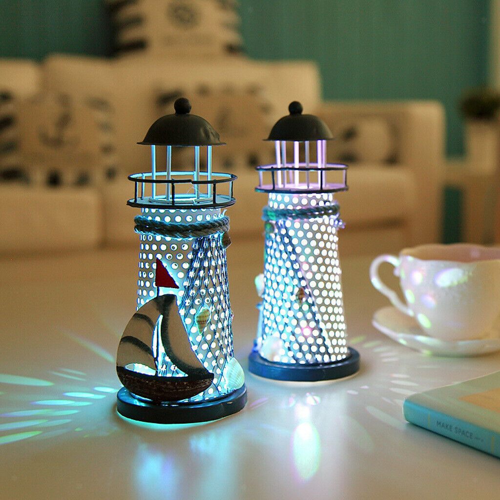 Mediterranean Lighthouse Iron Candle Light Sailing Blue White Table Decor