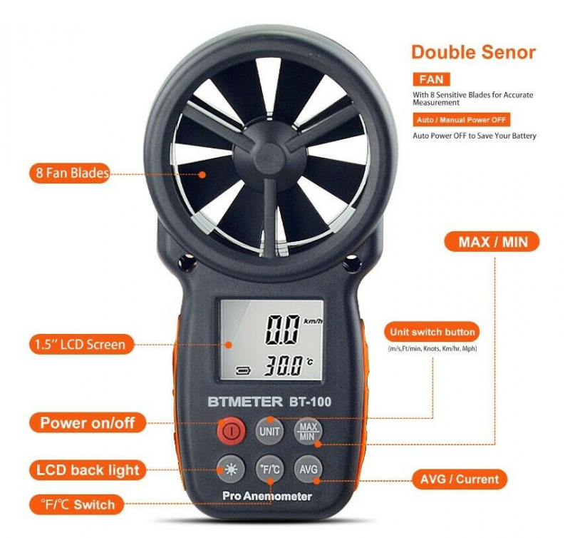 Digital LCD Handheld Anemometer Air Flow Meter Wind Volume Wind Speed Instrument
