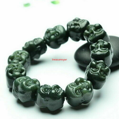 Certified Natural Hetian Dark Green Jade Happy Buddha Head Bead Bangle Bracelet