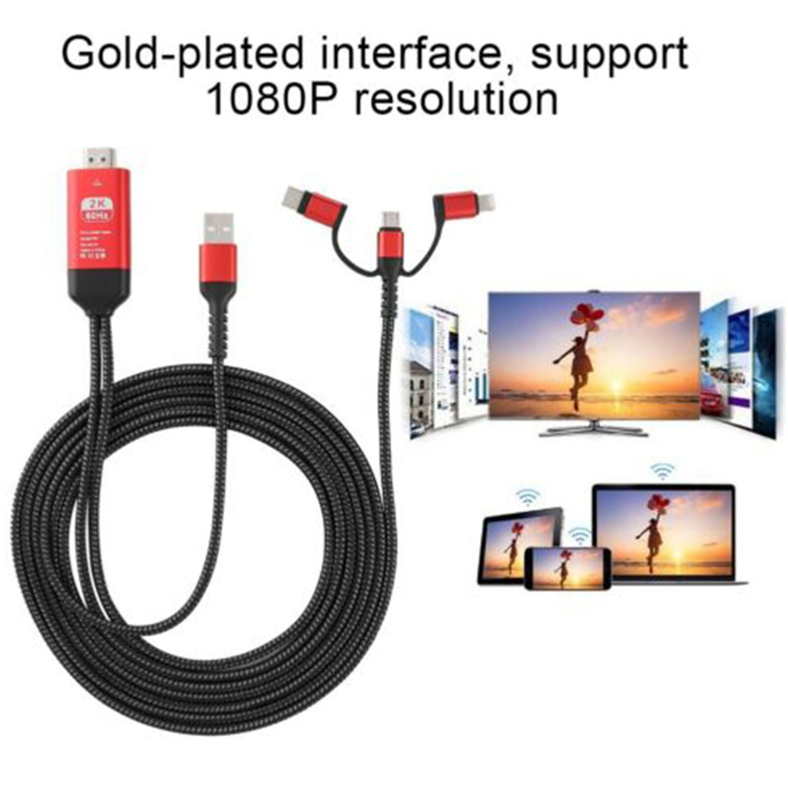 For Android/iOS 3-in-1 MHL USB Type C To HDMI Cable 1080P HD TV Adapter RED