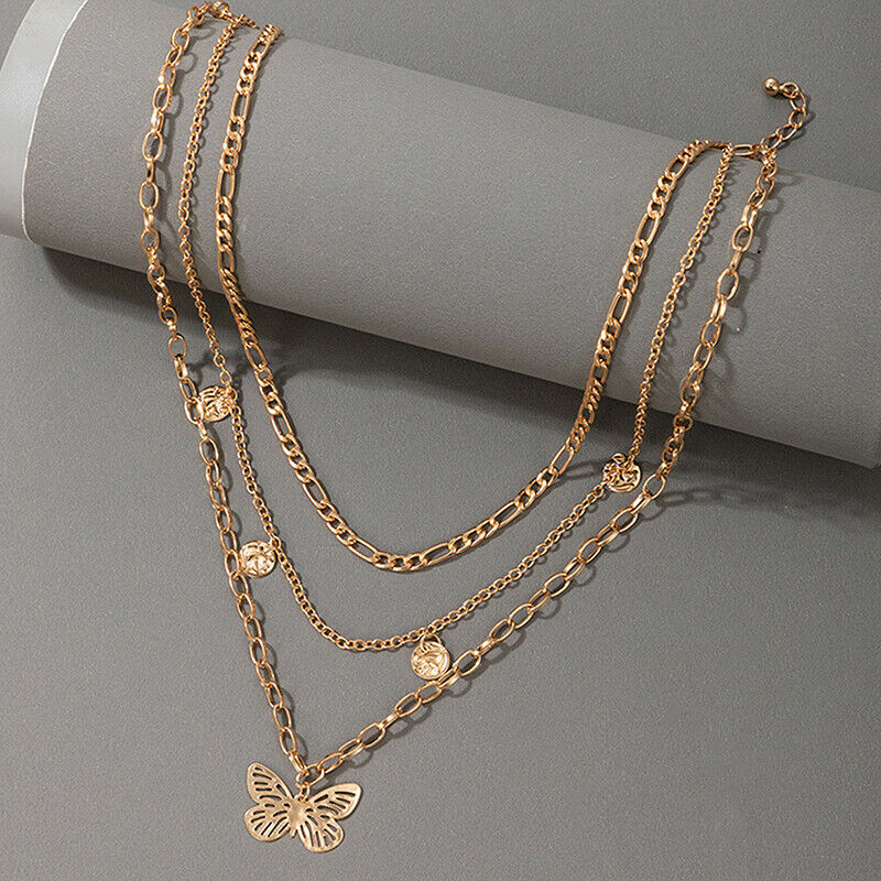 Multilayer Butterfly Charms Chunky Chain Necklace For Women Pendants Jewe.l8