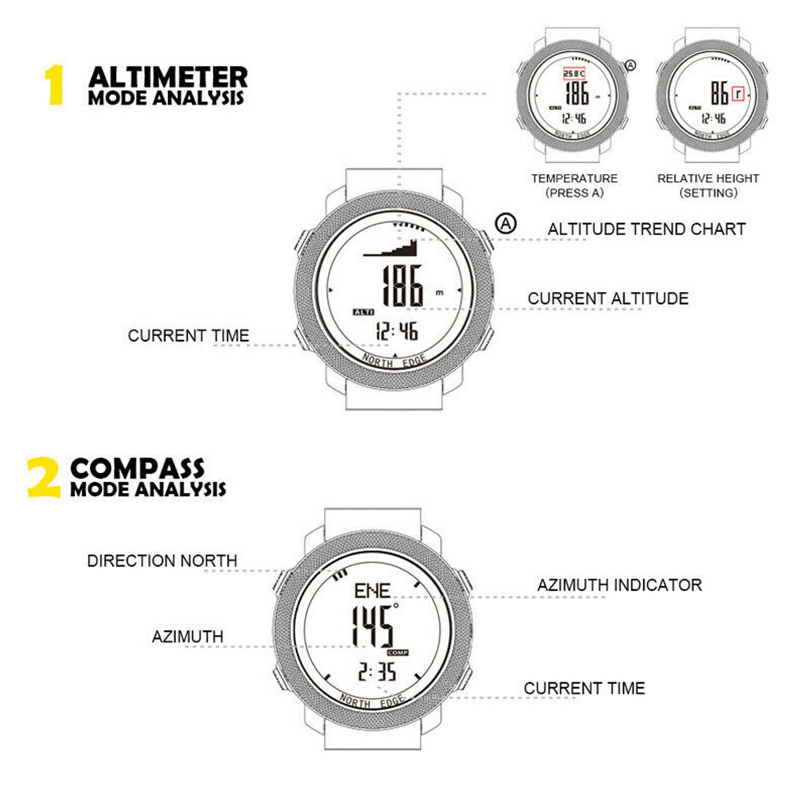 Mens Military Digital Sports Watch Waterproof Compass Barometer Hours