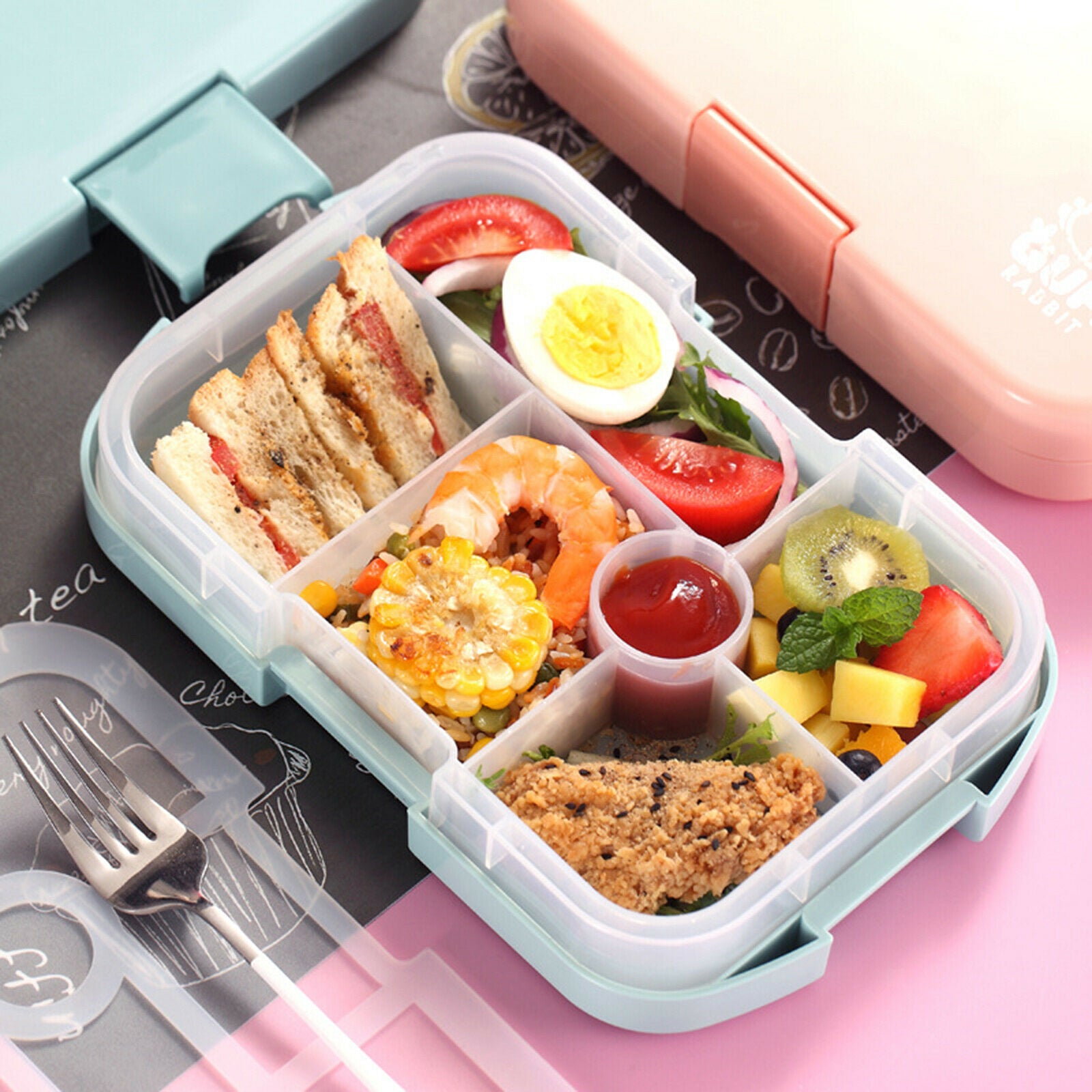 Portable ABS Kids Bento Box Outdoor Lunch Box 6 Grid Food Containers School Pink