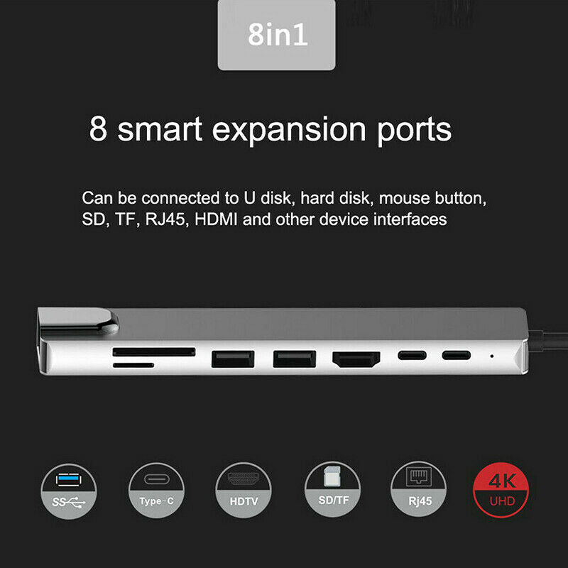 For MacBook Pro Air 8 in 1 Multiport USB-C HUB 4K HDMI USB 3.0 Aux Adapter Cable