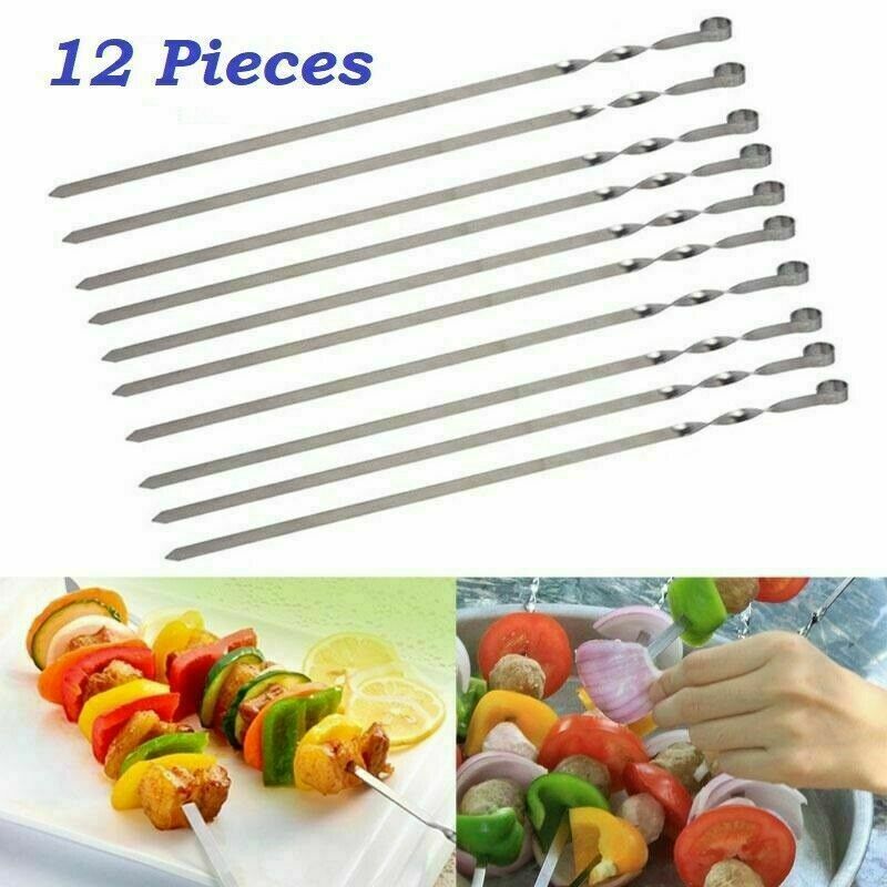 12x Kabob Skewer Flat Metal BBQ Barbecue Skewer Stainless Steel Shish Skewers