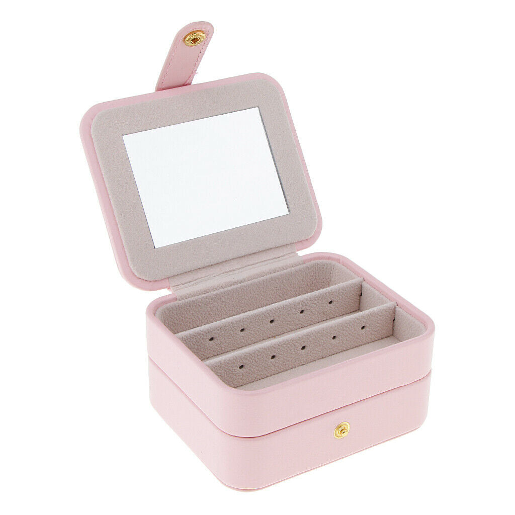 Portable Leather Double Layer Travel Earrings Jewelry Box Storage Pink