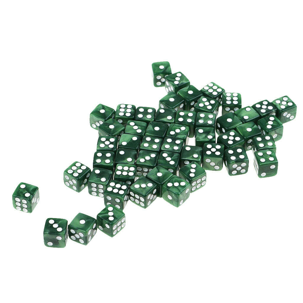 Pack of 50 Acrylic Six Sided Square D6 12mm Dice - Green with White Pips