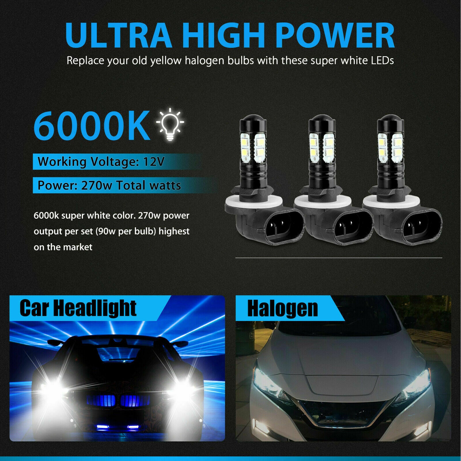 3PCS 881 LED Headlight Kit Fog Light Lamp Bulbs 10SMD White 6000K High Power