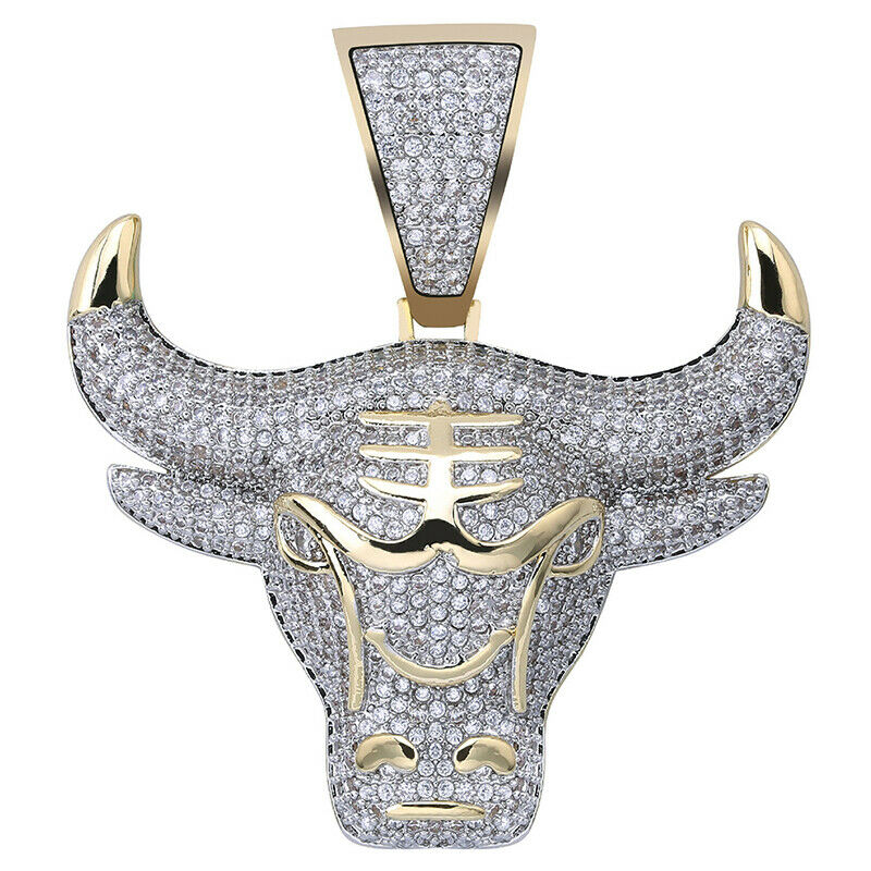 Hip Hop Fashion Full Rhinestone Bull Head Pendant Necklace Stainless Steel Ch Qx