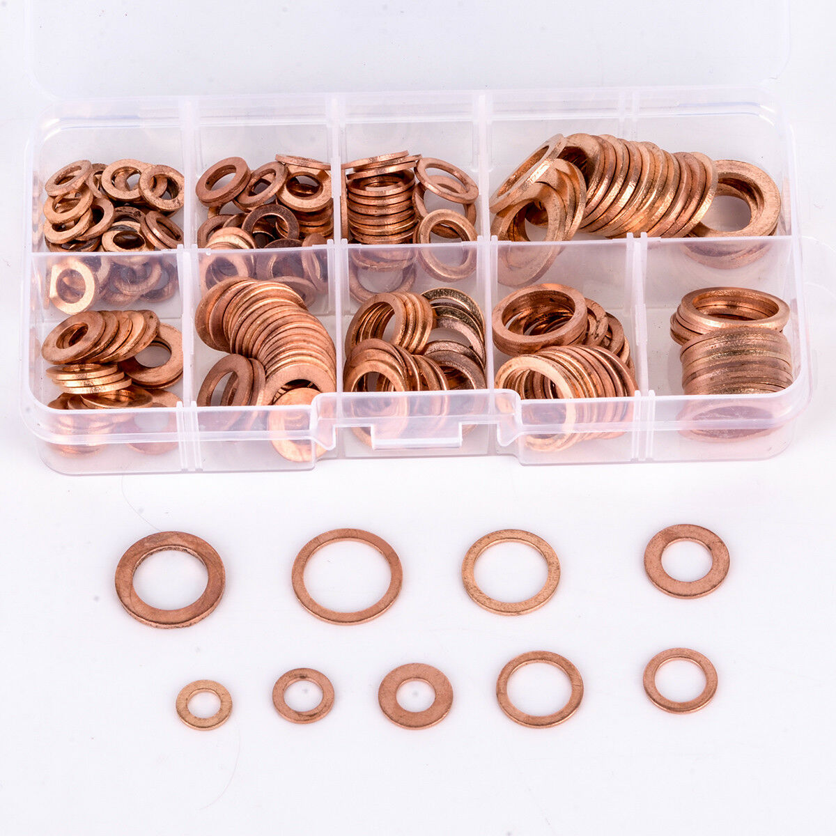 200Pcs Solid Copper Washers Sump Plug Assorted Washer Car Set Plastic Box New