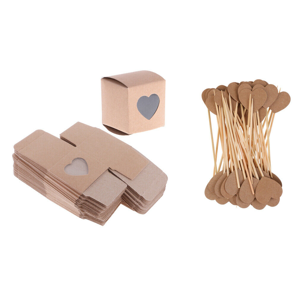 100pcs Wedding Party Kraft Brown Window Candy Gift Boxes Heart Cupcake Picks