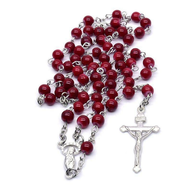 6mm Rosary Glass Beads Jesus Cross Pendant Necklace Charm Chain Jewelry Christ