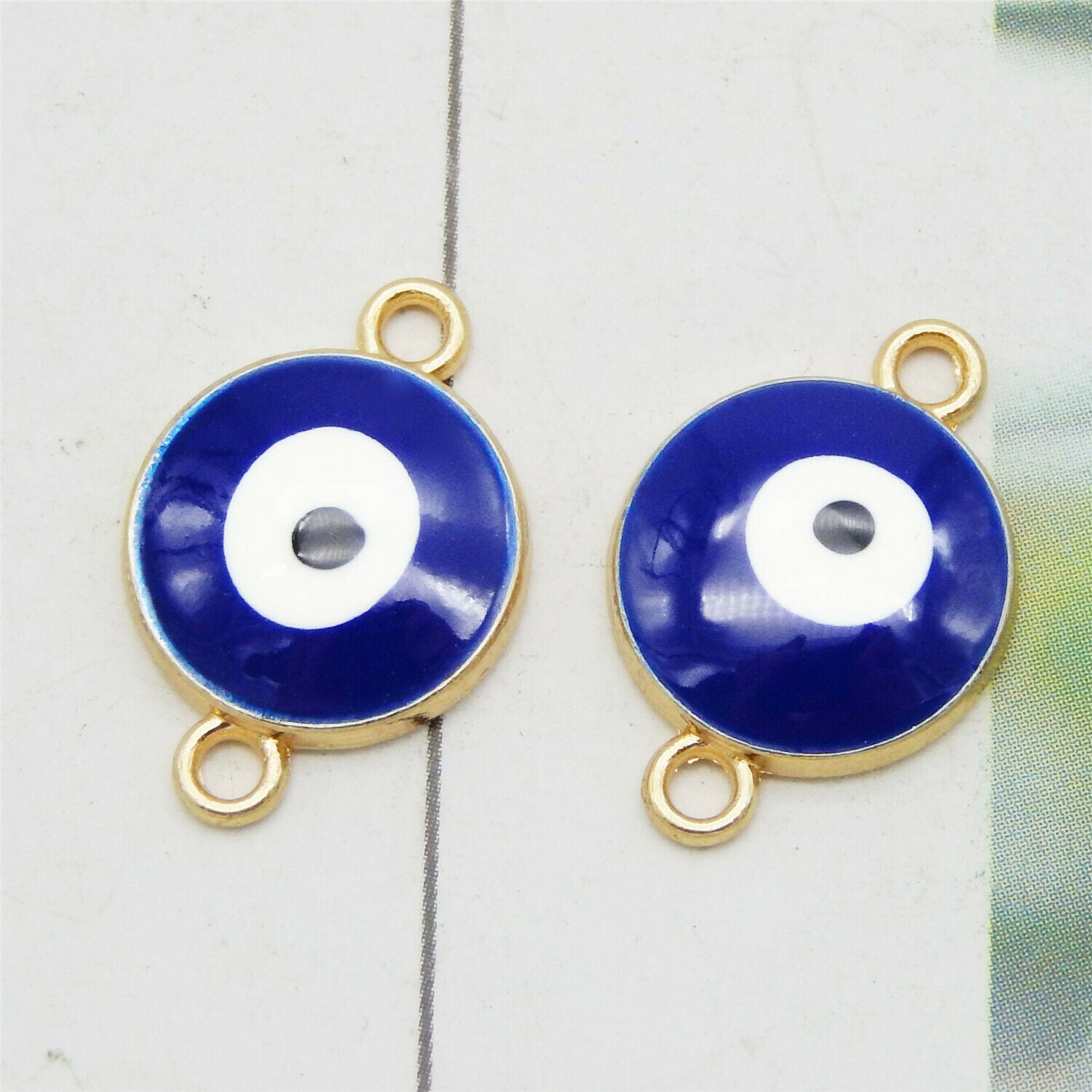 12 PCS Blue Alloy Round Turkish Evil Eye Enamel Charm Connector Pendant 18*12mm