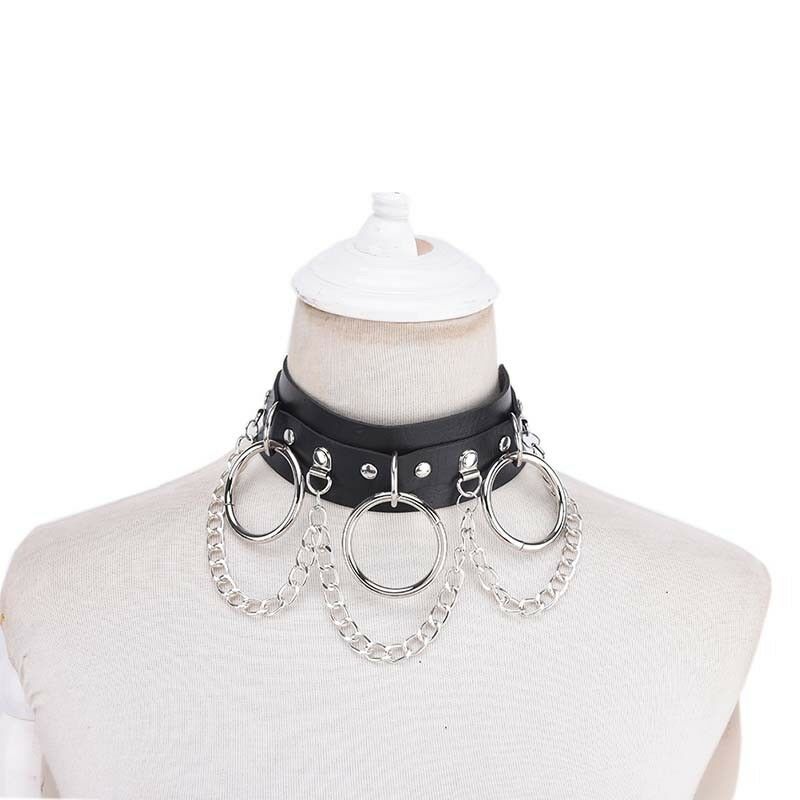 Black Leather Choker Metal Ring Chain Necklace Collar Handmade Goth Punky3BDAU