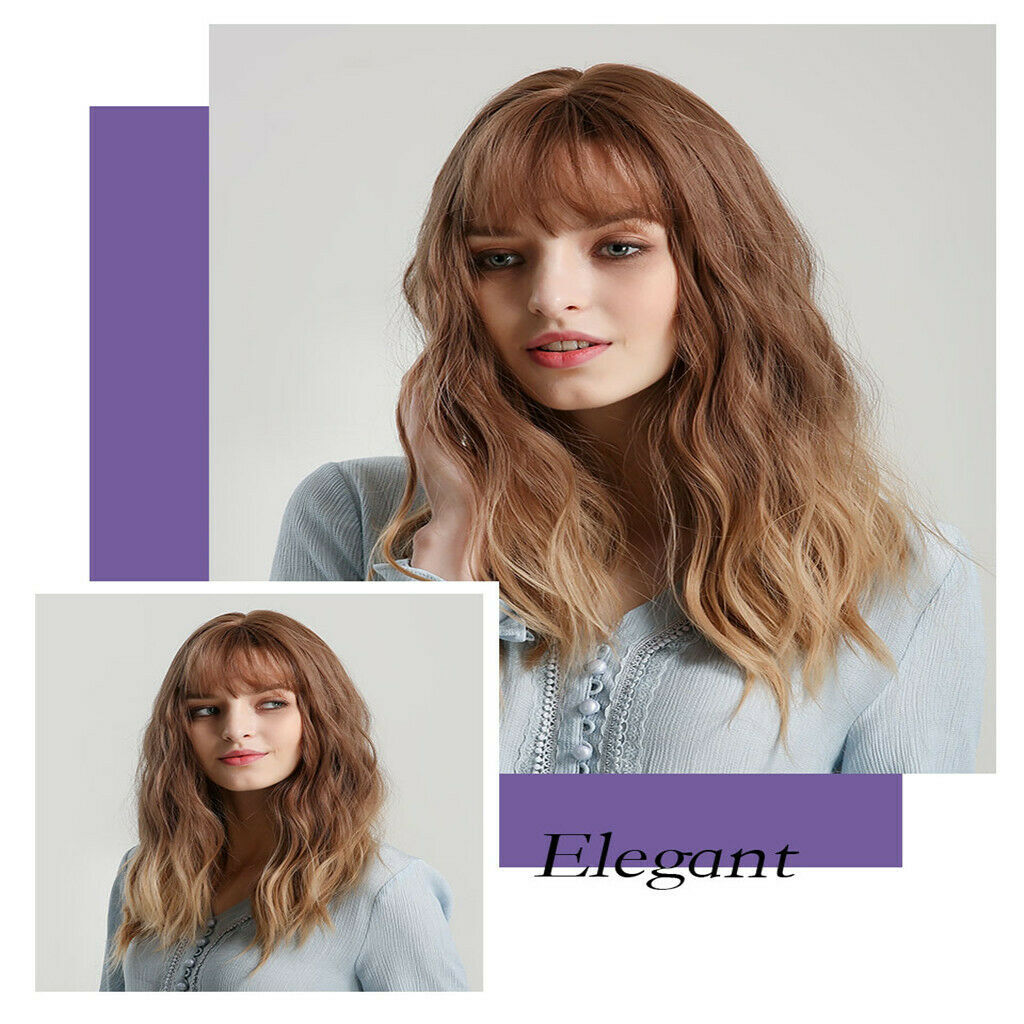Women Wavy Synthetic Wigs w/ Neat Bangs Golden Brown for Daily Fashion Show