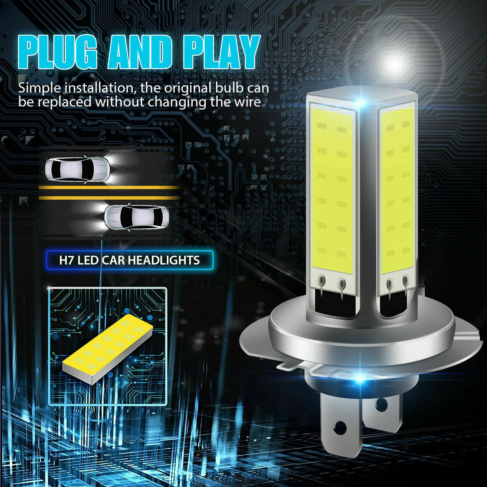 2x H7 COB LED Headlight Bulbs Kit High Low Beam 6000LM Super Bright 6000K White
