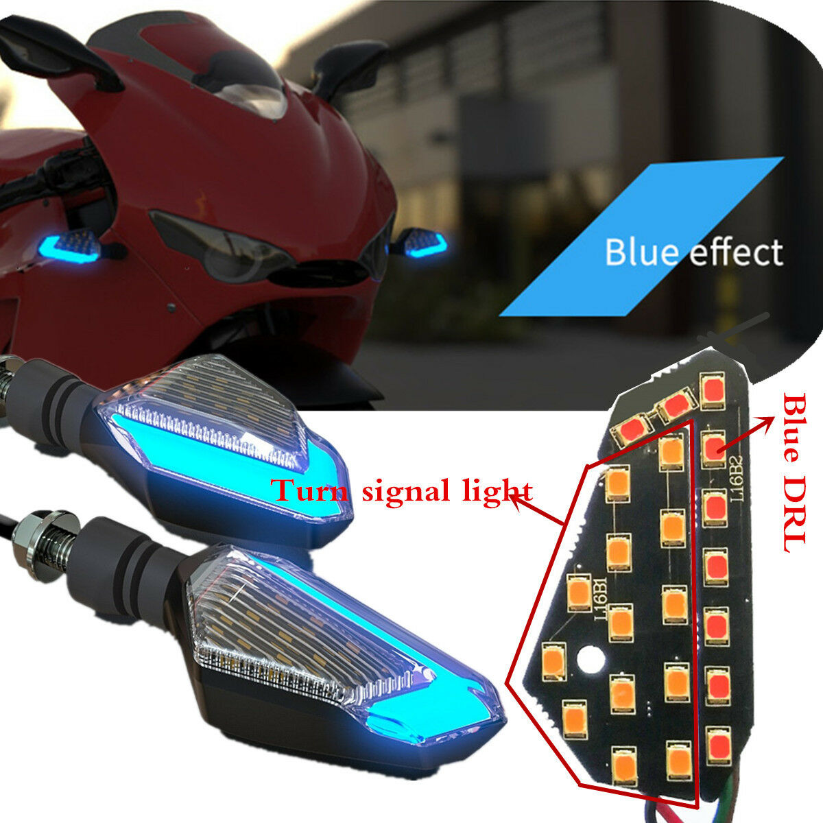 Dual Color Amber + Blue Motorcycle Turn Signal Light AND DRL Irregular Shape