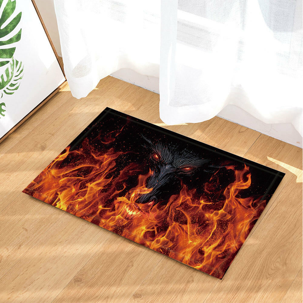 Black Dragon In Fire Bathroom Rug Non-Slip Floor Door Mat Flannel 16x24"
