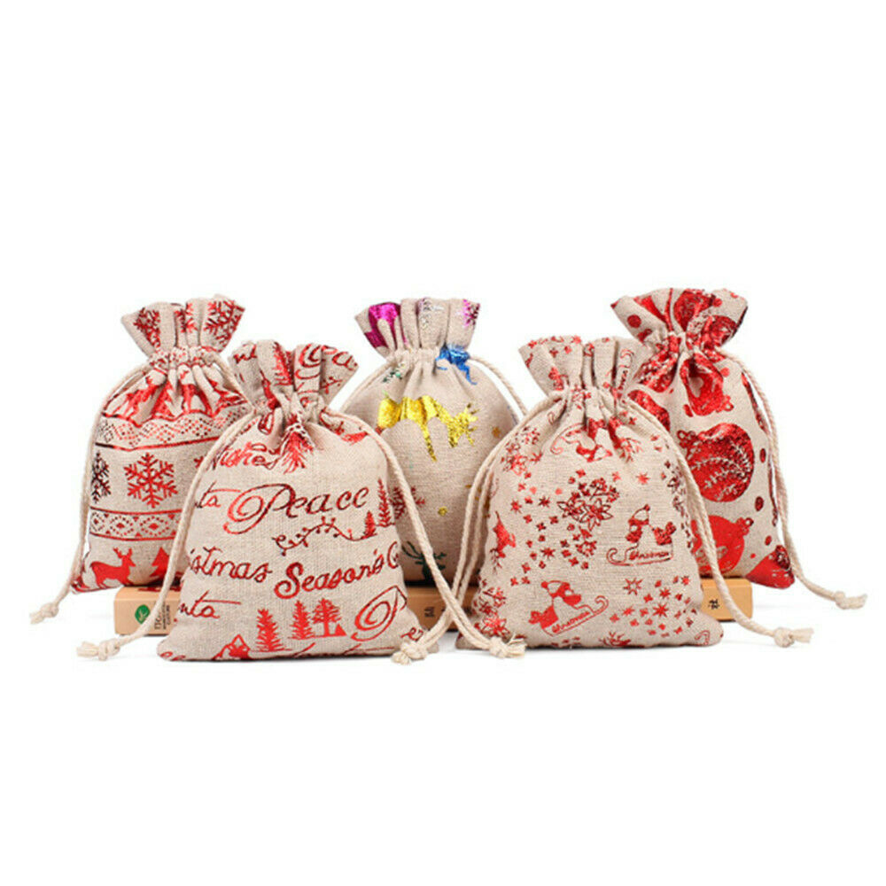 10 pcs Mix Xmas Gift Bags Burlap Jute Packaging Drawstring Pouches 5.5 by 3.9 in