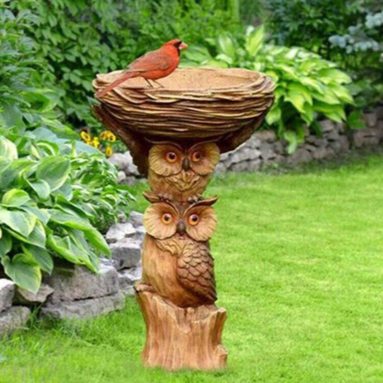 Bird Bath& Feeder Pedestal Free Standing Garden Bird Owl Bath Tray Desgn