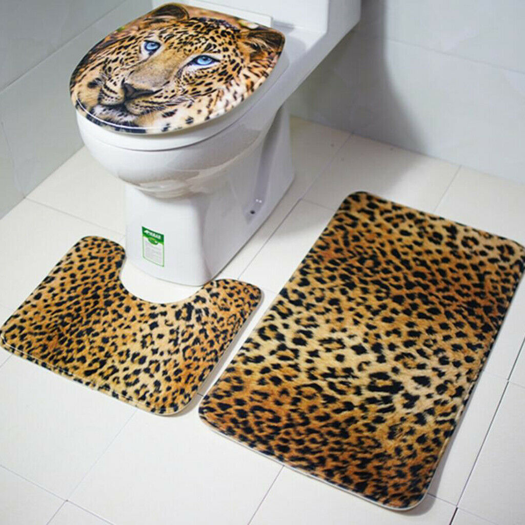 3 Pieces Flannel Toilet Lid Non Slip Bath Mat Bathroom Rug Set Leopard