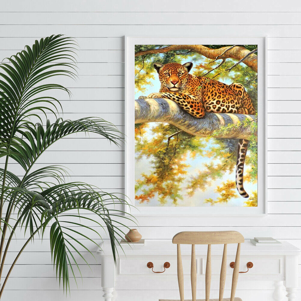 5D Rhinestone Full Square Drill Lying Cheetah Diamond Painting DIY Kit @
