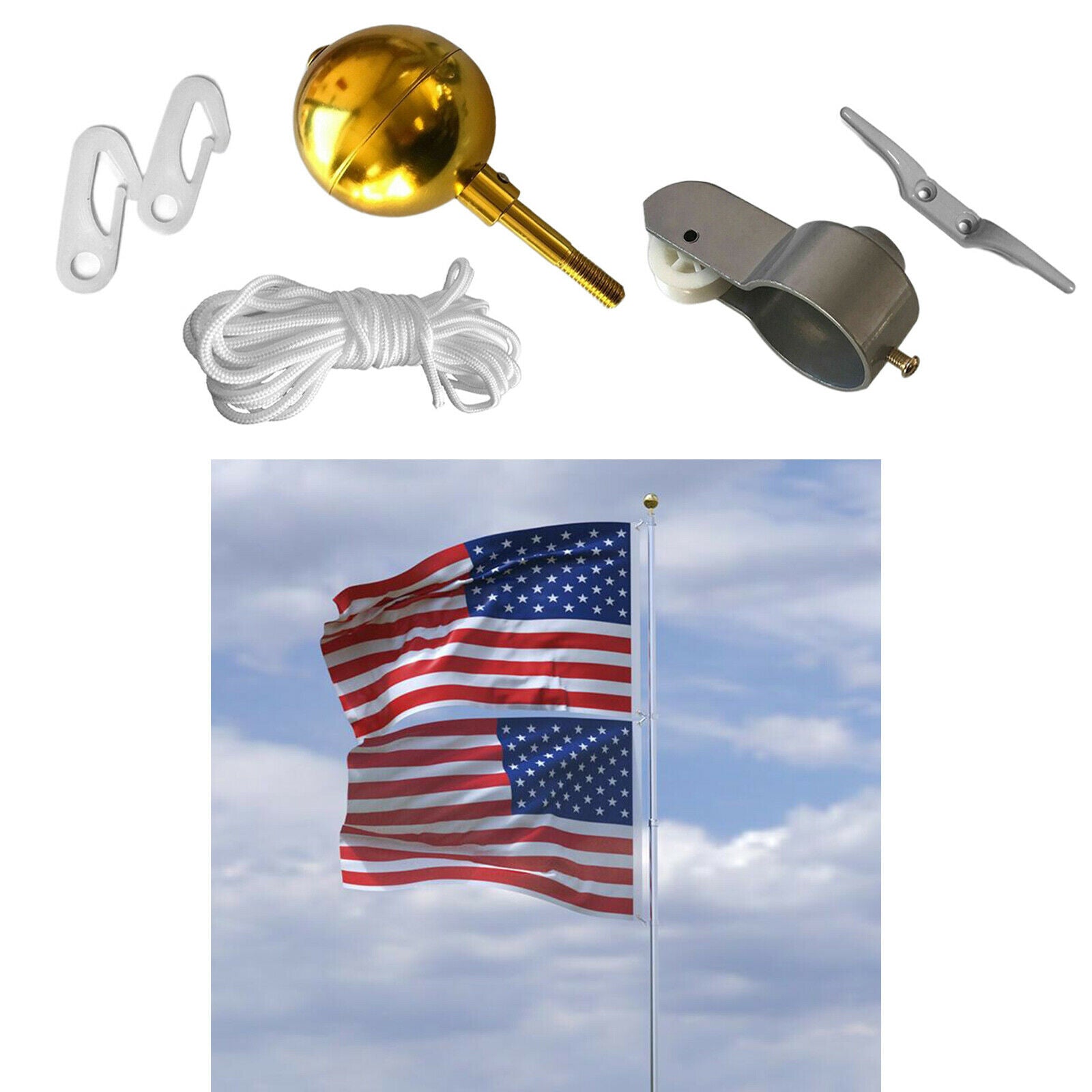 Outdoor Garden Flagpole Hardware Kit for 2"OD Tube 3" Topper Ball Ornament