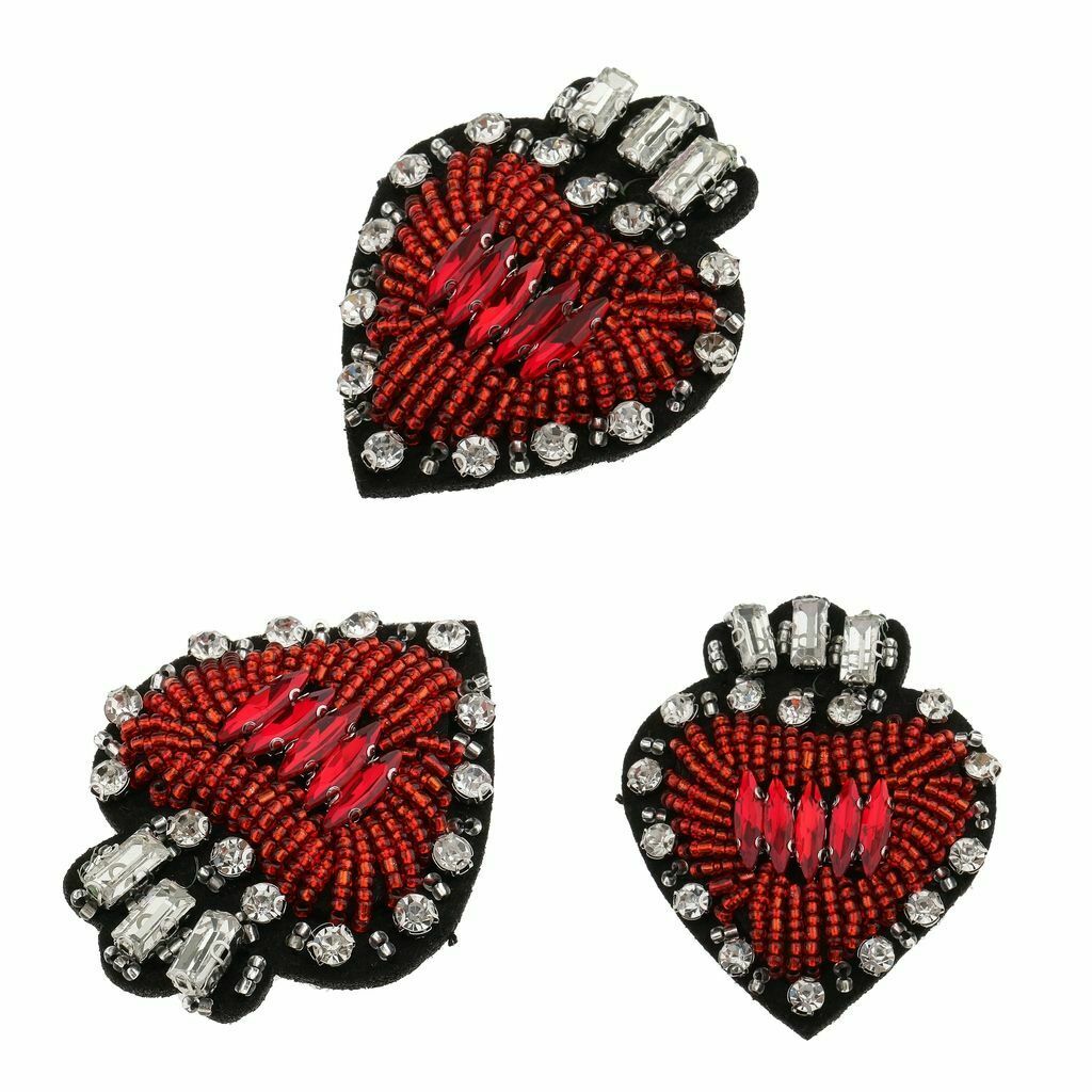 3 Pieces Patch Applique Sew on Metal Beads Rhinestones Heart Shape