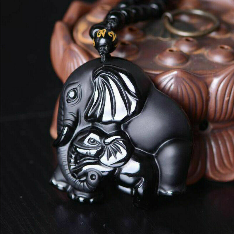 New Obsidian Hand Carved Elephant Lucky Pendant Beads Black Necklace