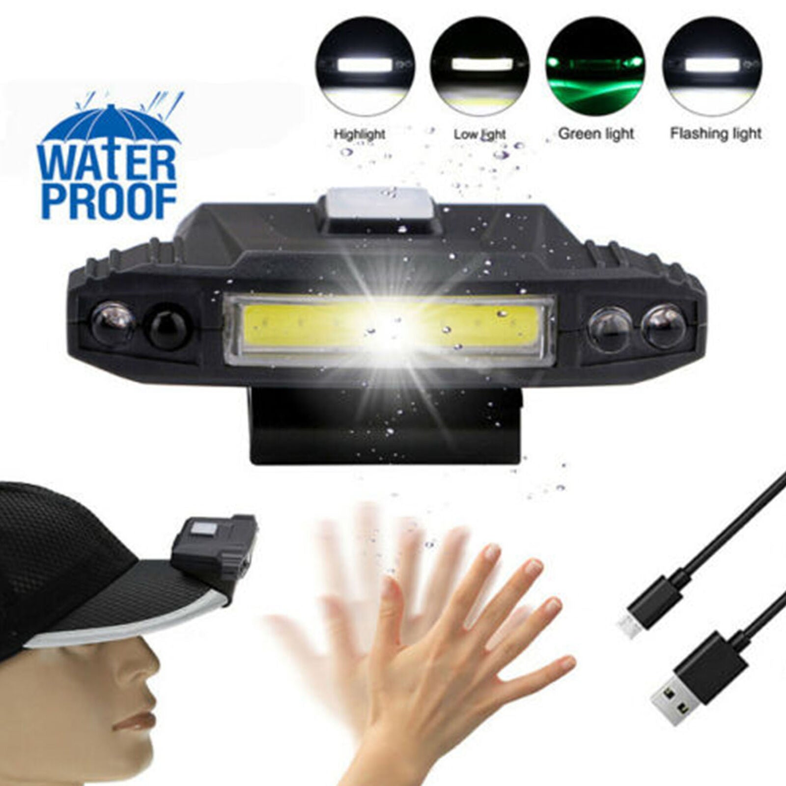 30000LM COB LED Headlamp USB Rechargeable Cap Clip Light Induction Headlight