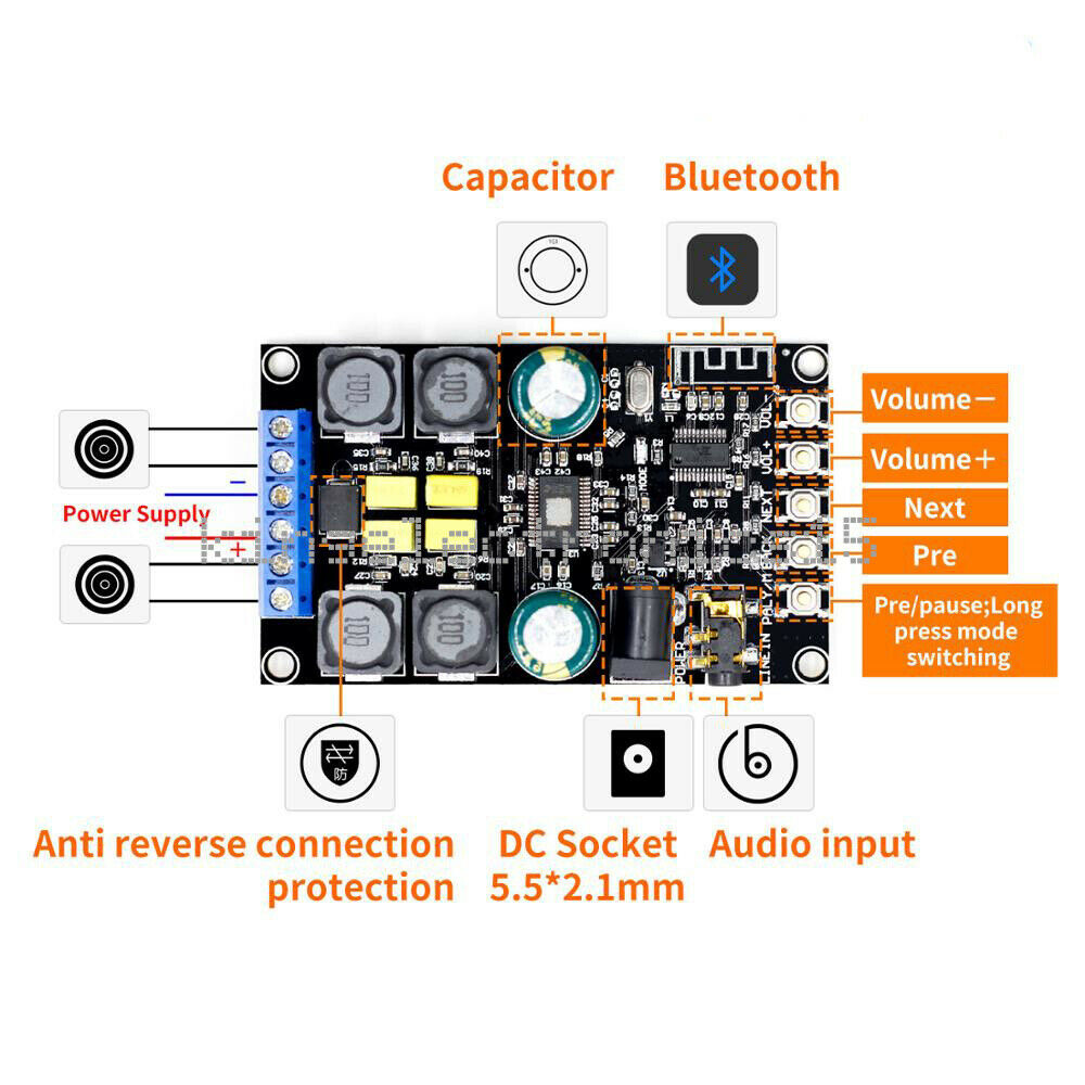 Bluetooth 5.0 50W+50W TPA3116 2.0 Audio Wireless Stereo Digital power amplifier