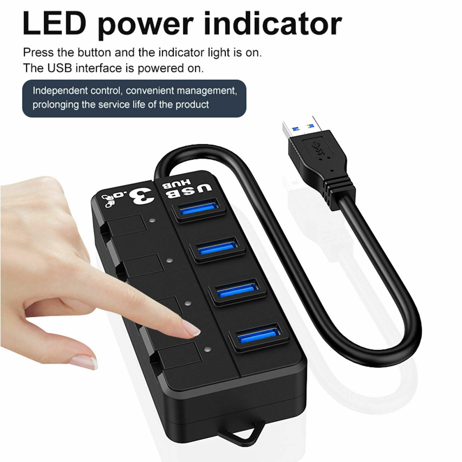 4 Port USB 3.0 Hub Splitter w/ Individual On/Off Switches Fast Data Transfer