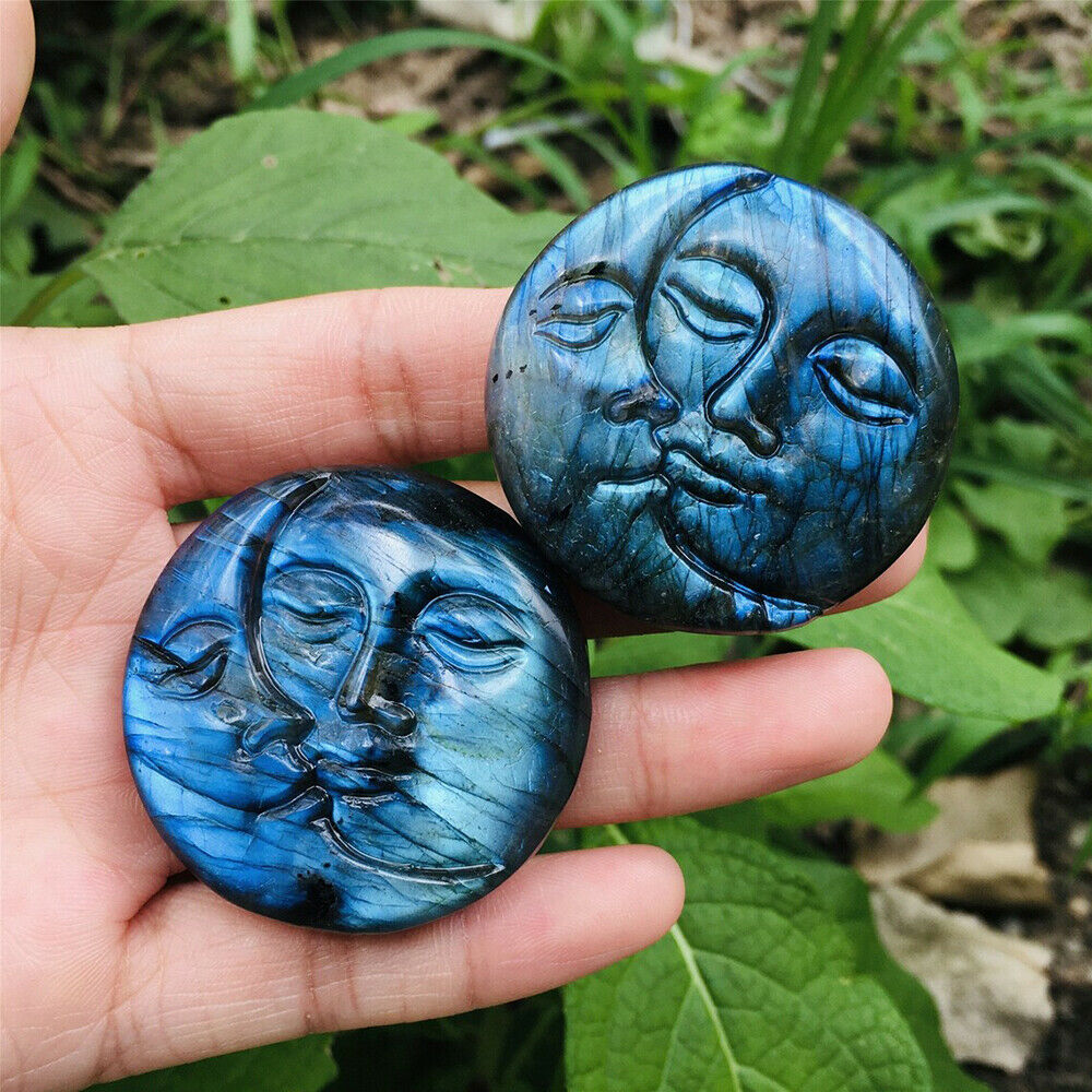 Natural Moon Sun Kiss Face Labradorite Crystal Carved Rainbow Healing Decoration