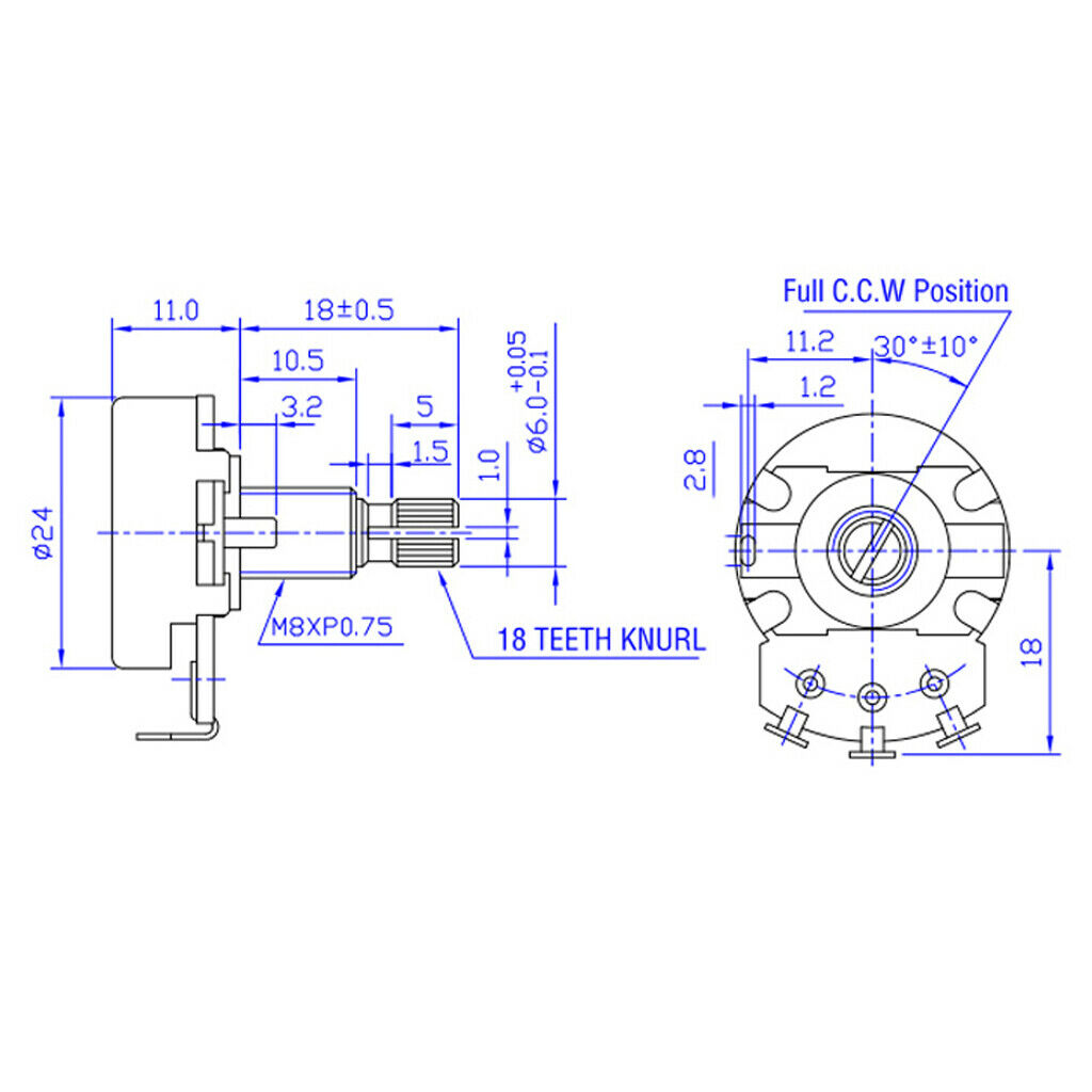 Set of 4 A25K/B25K Long Split Shaft Audio Taper Low Friction Potentiometers