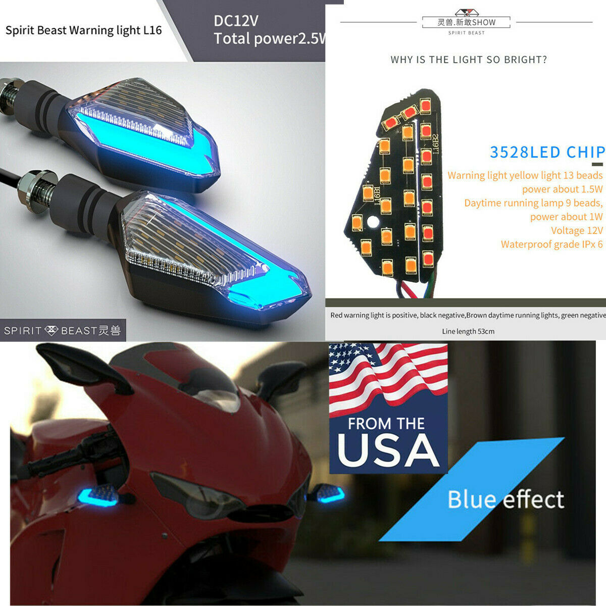 1 Pair DC 12V L16 Motorcycle Blue LED Daytime Light + Yellow Turn Signal Light
