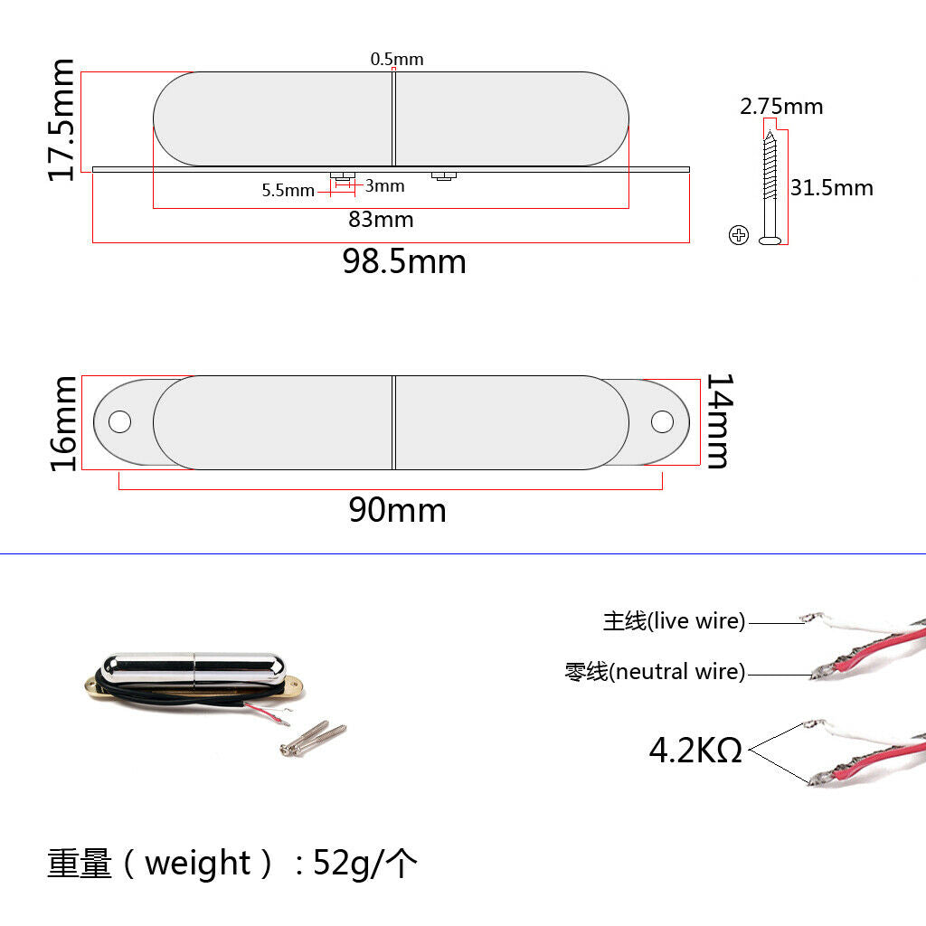 2X Lipstick Pickups Guitar Acoustic Electric Transducer Sensor Bridge Chrome