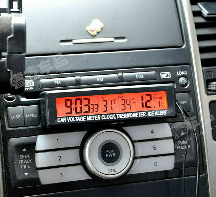 1x Car Digital Voltmeter Thermometer Clock Ice Alert Gauge Orange&Bule Backlight