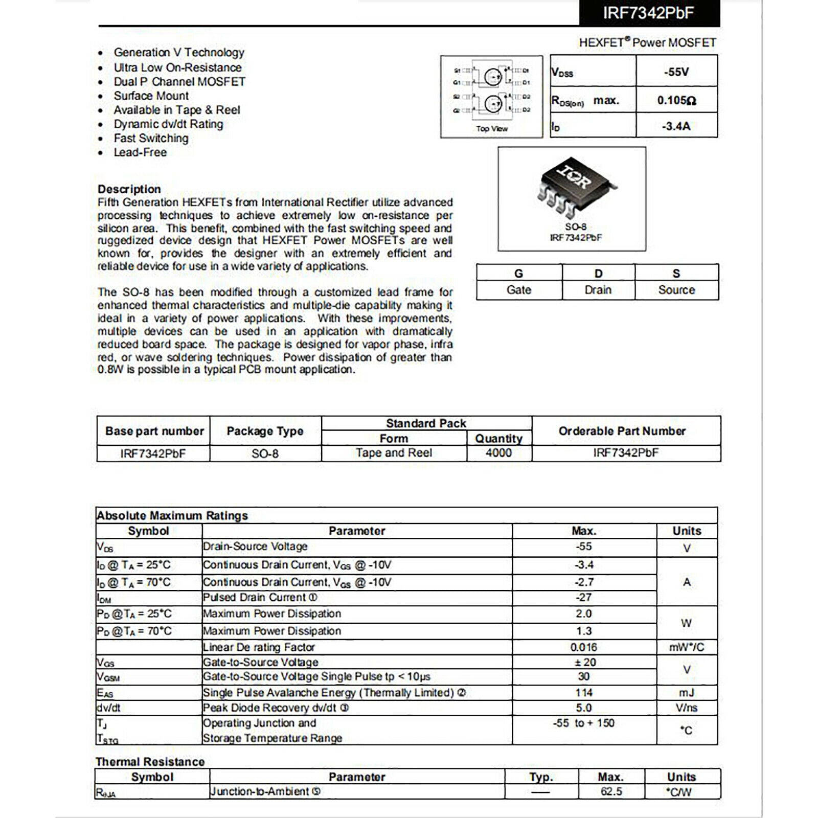 5Pcs IRF7342TRPBF SOIC-8 Dual P-Channel Transistor -55V/-3.4A SMD Power MOSFET
