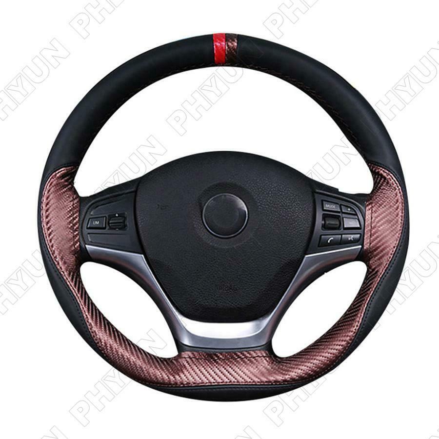 38cm Brown PU Leather Car Steering Wheel Cover Carbon Fiber Look Auto Decoration