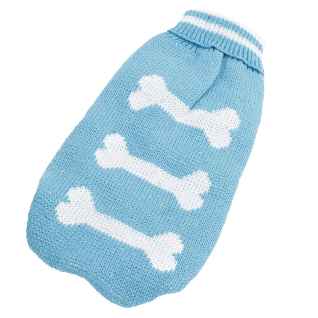 Blue Turtleneck Dog Sweater Clothes w/ Bone Patterns - Size L