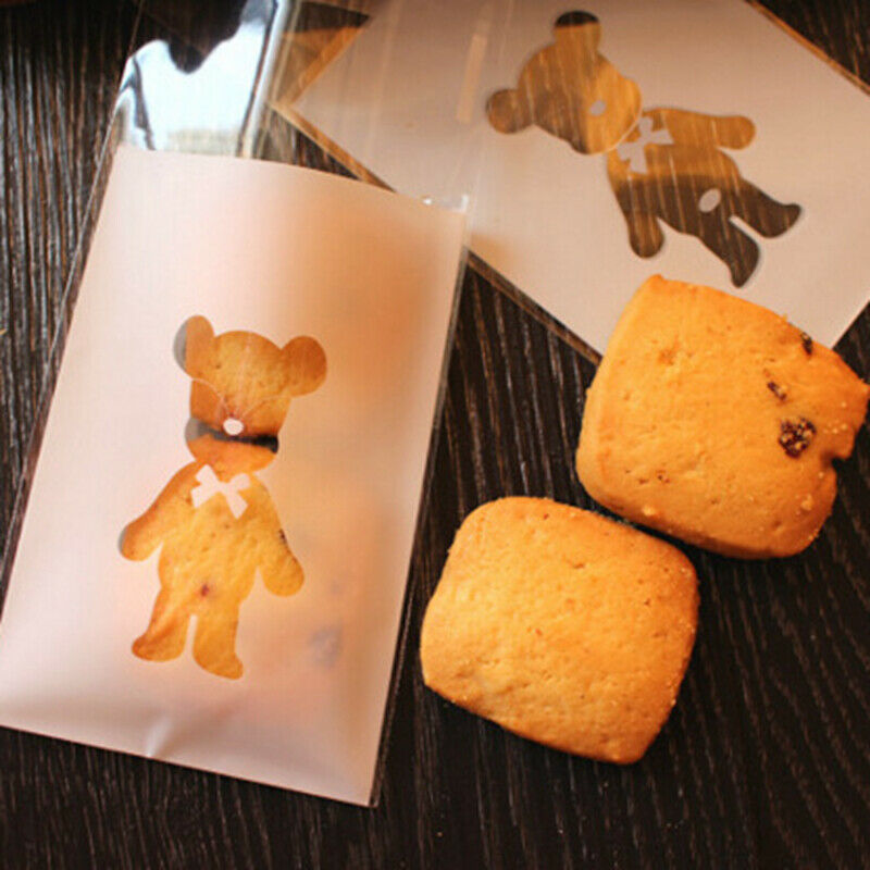 50pcs Bear Cookies Biscuits Bag Self-adhesive Cake Candy Gift Bags Party Favors