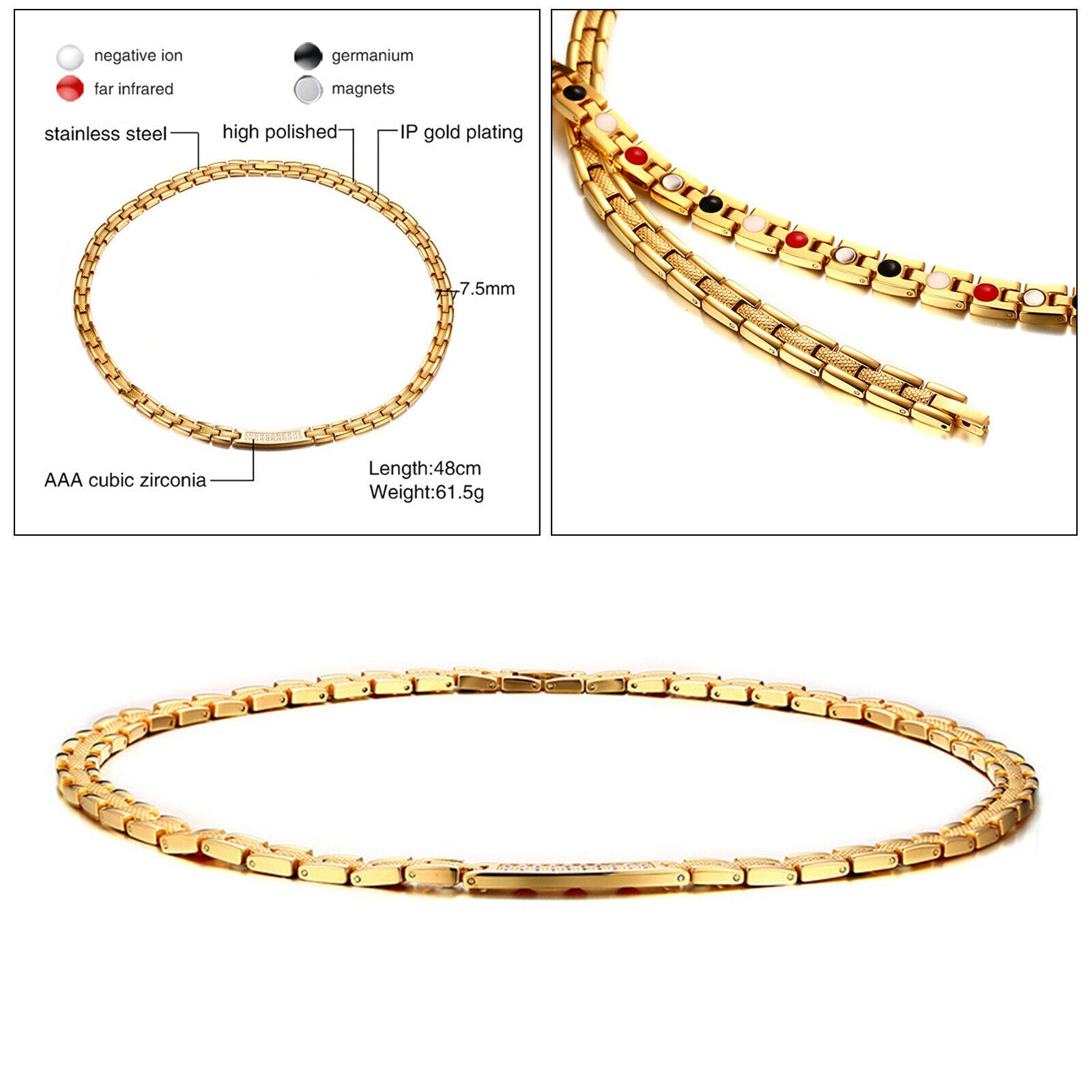 Men's Stainless Steel Magnetic Therapy Necklace Jewelry 7.5mm width Golden