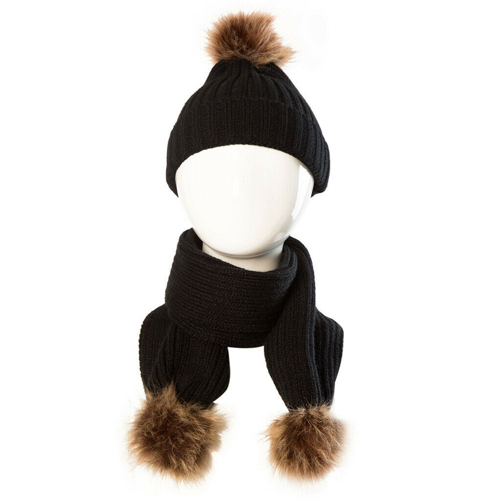 Toddler Kids Baby Winter Warm Pom Bobble Hat Knit Beanie   Scarf Set Black