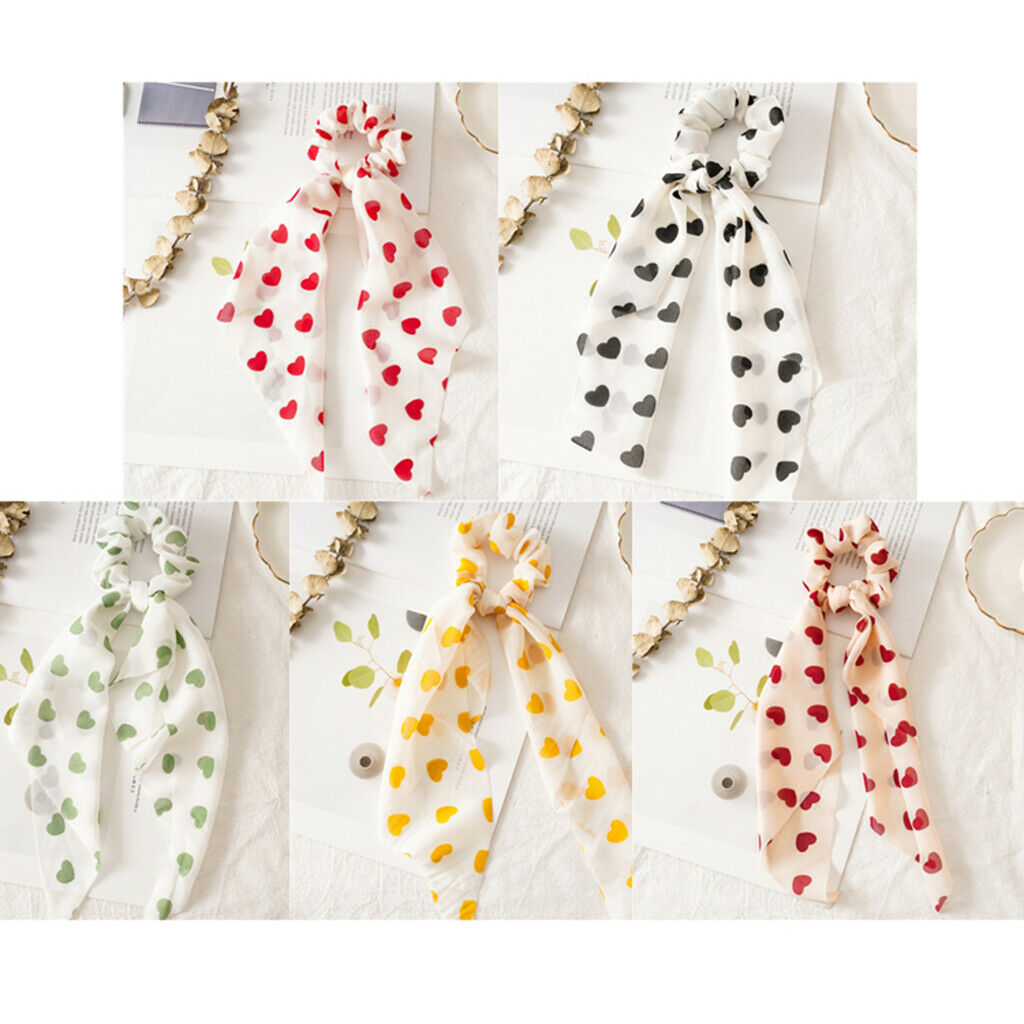 5x Cute Hair Scrunchies Heart Print Wide Ribbon Elastic Hair Ties Updo Tool